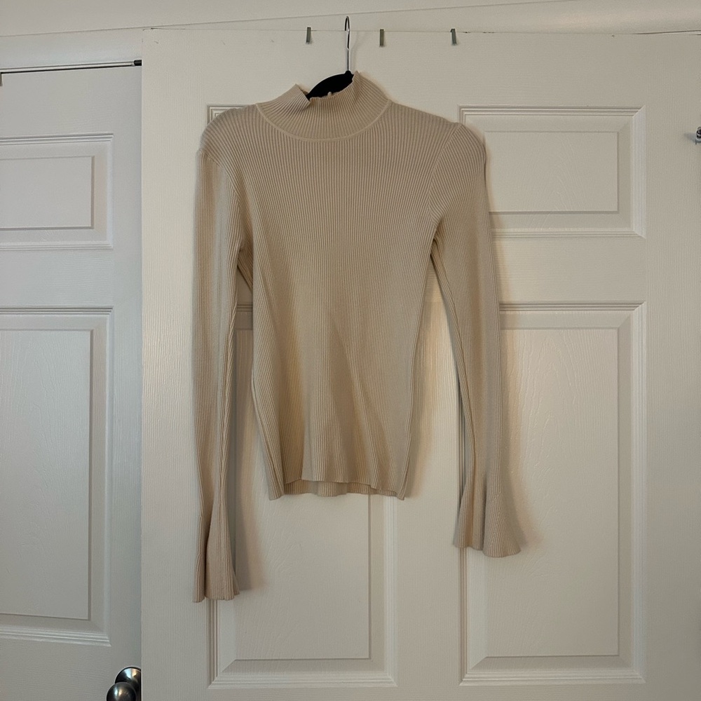 Vici Beige Ribbed Turtleneck Sweater with Bell Sleeves